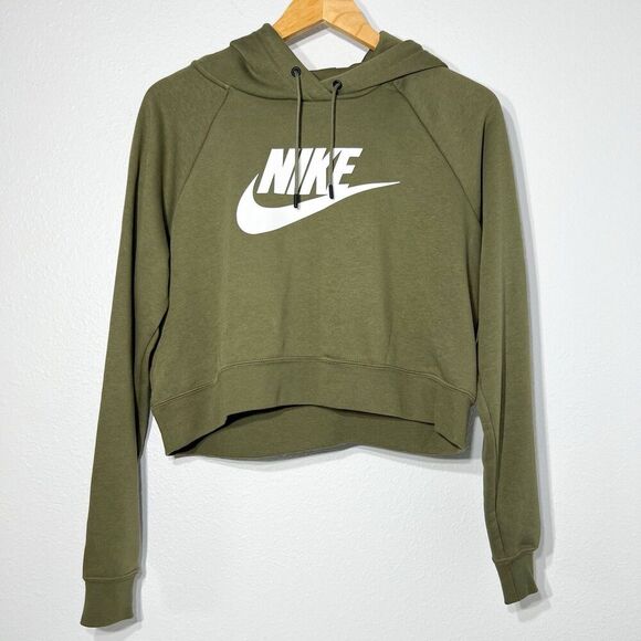 Nike Essential Cropped Hooded SweatshirtMedium Green Spellout Streetwear NSW - Picture 1 of 9